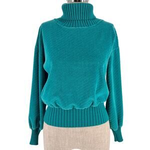 Vintage 70s Teal Velour Turtleneck Sweater 1970s